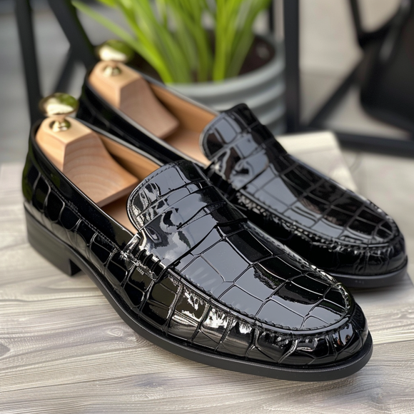 Black Croc Print Leather Ansano Loafers