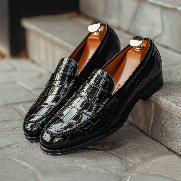 Black Croc Print Leather Antimo Loafers