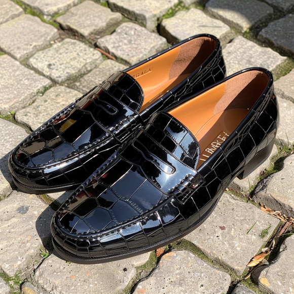 Black Croc Print Leather Aureliano Loafers