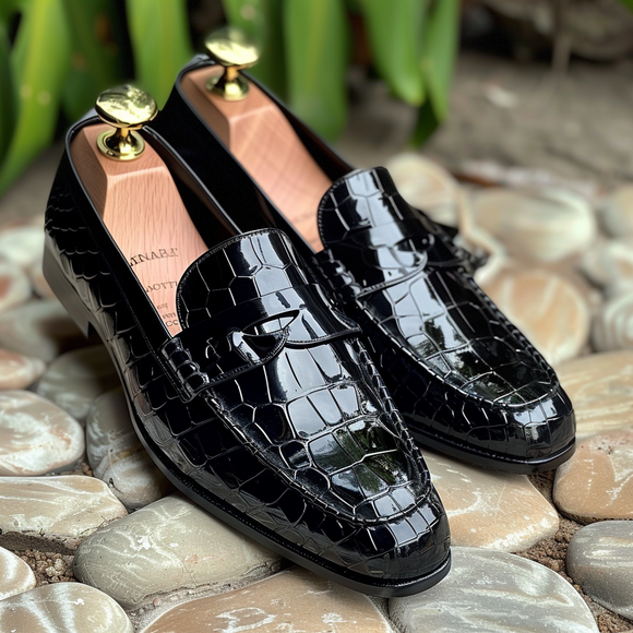 Black Croc Print Leather Balthazar Loafers