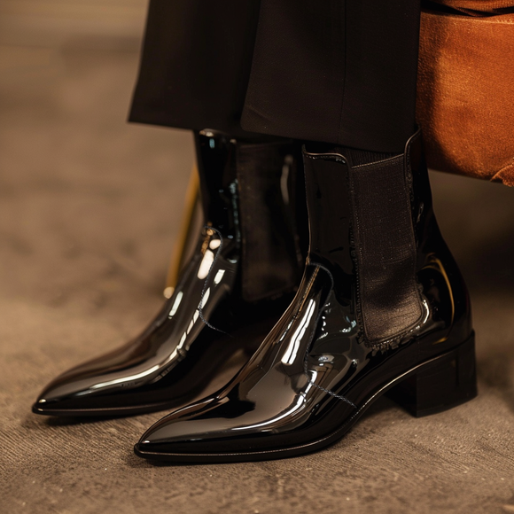 Black Patent Leather Amabile Slip On Pointed Chelsea Boots