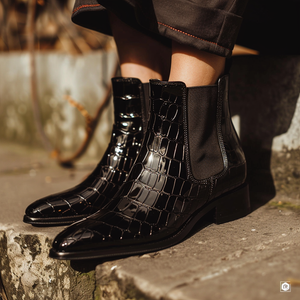 Black Croc Print Leather Ludovico Slip On Chelsea Boots