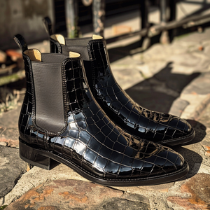 Black Croc Print Leather Marcello Slip On Chelsea Boots