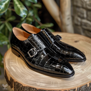 Black Leather Fiorello Croc Print Monk Strap