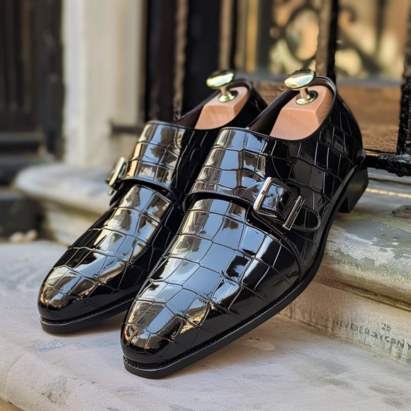 Black Leather Elberto Croc Print Monk Strap