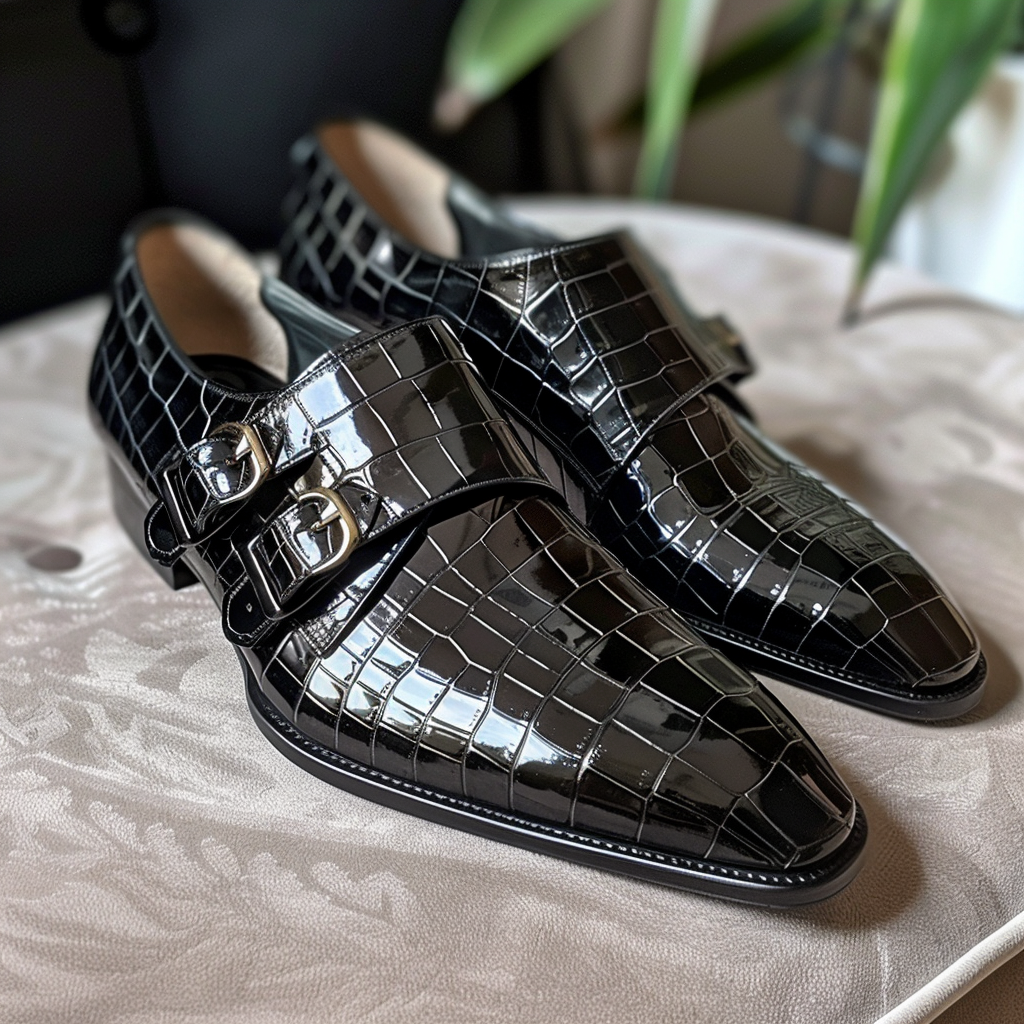 Black Leather Ersilio Croc Print Monk Strap
