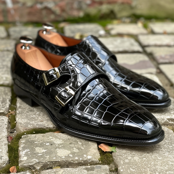 Black Leather Esuperio Croc Print Monk Strap