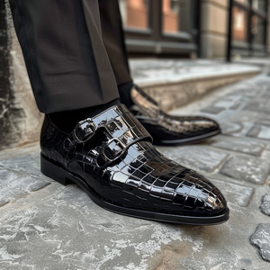 Black Leather Ettore Croc Print Monk Strap