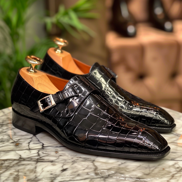 Black Leather Eusebio Croc Print Monk Strap