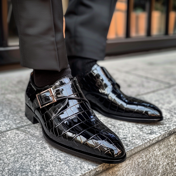 Black Leather Evangelista Croc Print Monk Strap