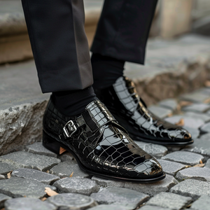 Black Leather Fedele Croc Print Monk Strap