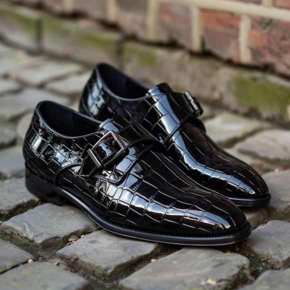 Black Leather Feliciano Croc Print Monk Strap