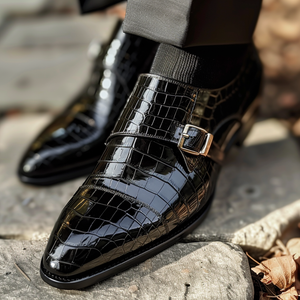 Black Leather Ferdinando Croc Print Monk Strap