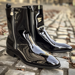 Black Patent Leather Febo Slip-On Pointed Zipper Boots