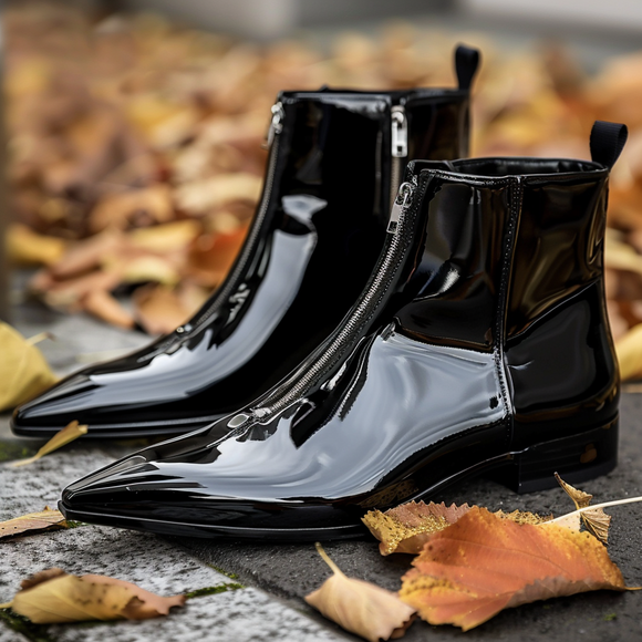 Black Patent Leather Fausto Slip On Pointed Zipper Boots