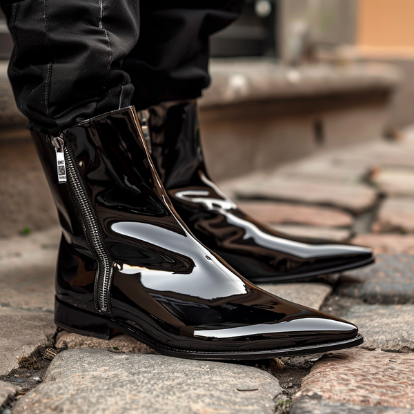 Men Black Patent Leather Flat Boots Bespoke Lion Black Patent