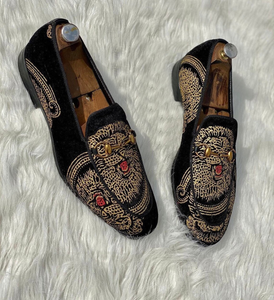 Black Suede Leather Embroidery Work Peshawari Loafers | Wedding Shoes for Groom | Shoes for Haldi Mehendi Sangeet