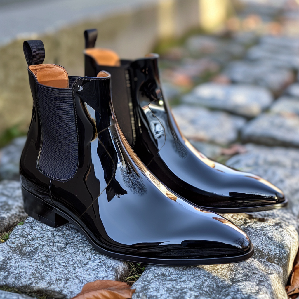 Black Patent Leather Adelchi Slip On Pointed Chelsea Boots for Men