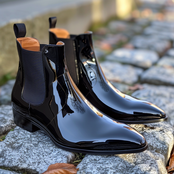 Black Patent Leather Adelchi Slip On Pointed Chelsea Boots for Men