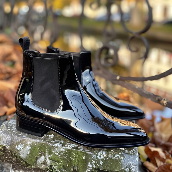 Black Patent Leather Alfio Slip On Pointed Chelsea Boots for Men