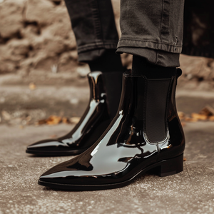 Black Patent Leather Adriano Slip On Pointed Chelsea Boots