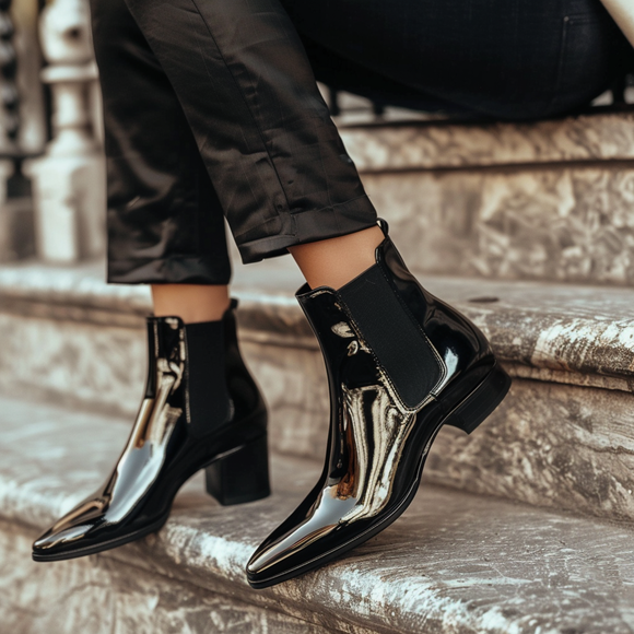 Black Patent Leather Amando Slip On Pointed Chelsea Boots