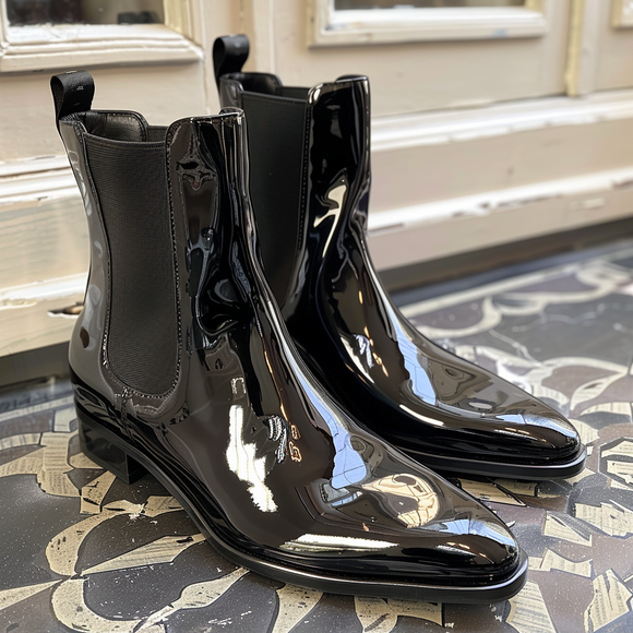 Black Patent Leather Anastasio Slip On Pointed Chelsea Boots