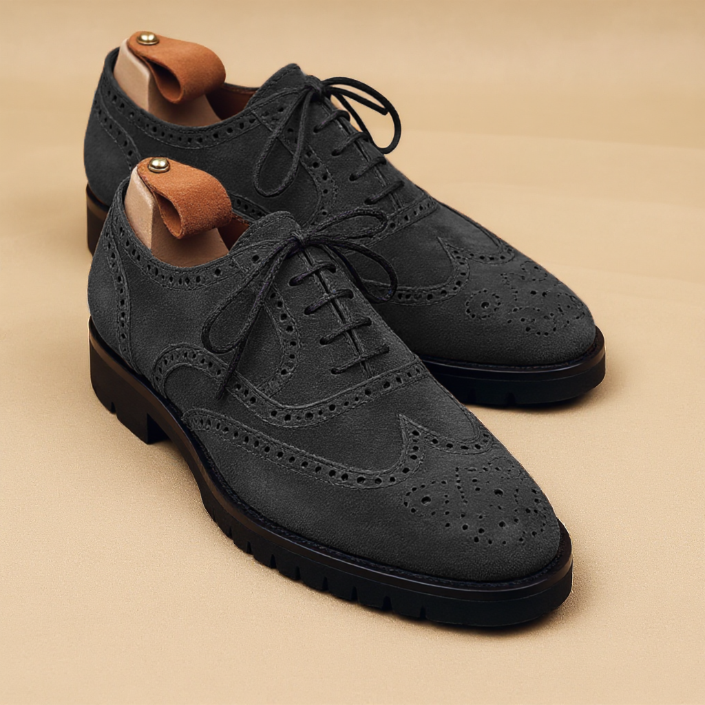 Black Suede Leather Rene Brogue Chunky Oxfords Shoes WORK EDITION