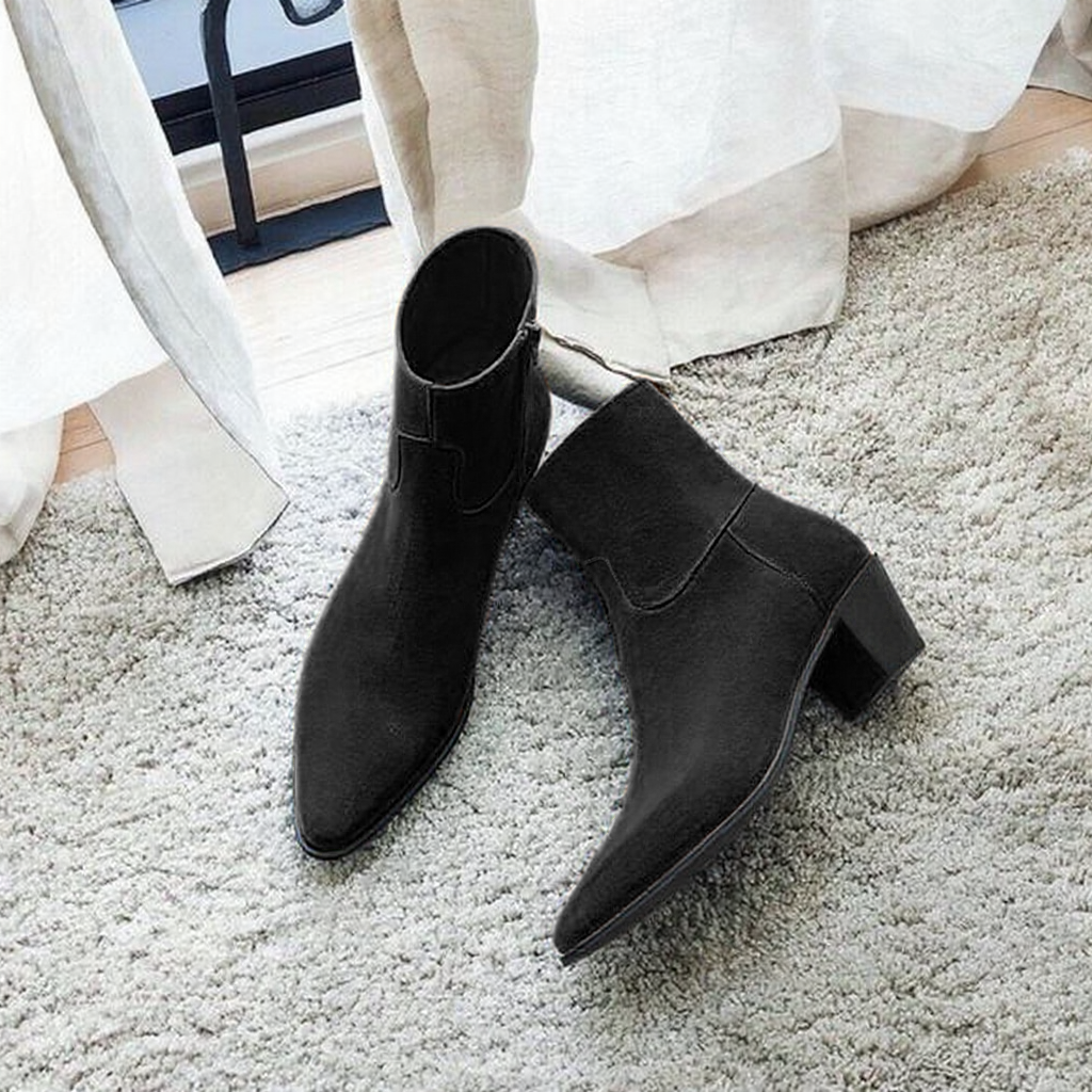 Black Suede Leather Fiorina Slip On Zipper Pointed Boots for Men - AW24