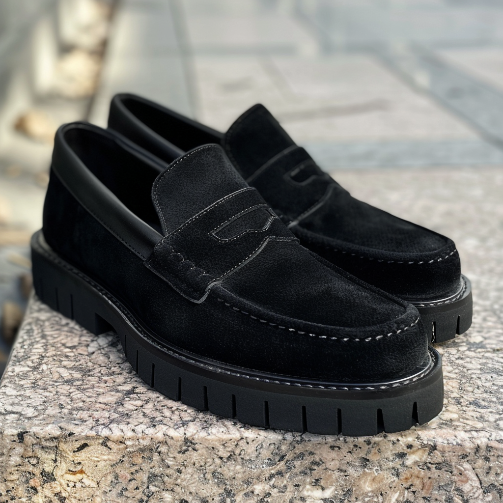 Black Suede Leather Fulvio With Thick Sole Loafers