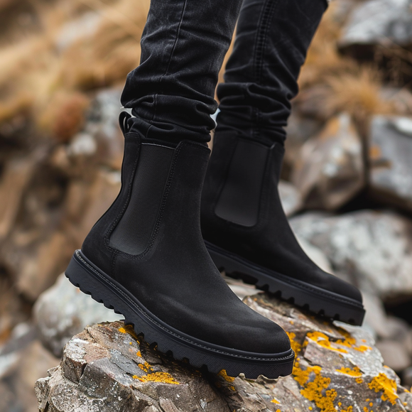 Black Suede Leather Fabrizio With Thick Sole Zipper Boots