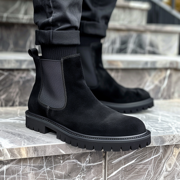 Black Leather Esuperio With Thick Sole Zipper Boots