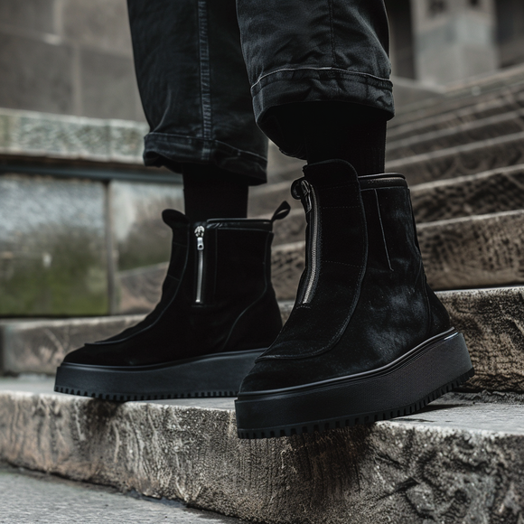 Black Suede Lorenzo Livio With Thick Sole Zipper Boots