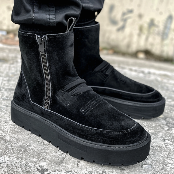 Black Suede Lupo With Thick Sole Zipper Boots