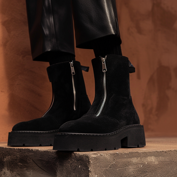 Black Suede Macario With Thick Sole Zipper Boots