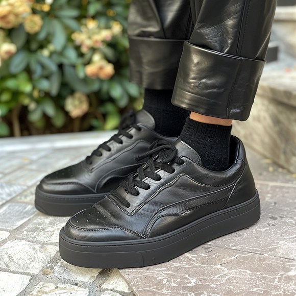 Black Leather Clodoveo With Thick Sole Sneakers