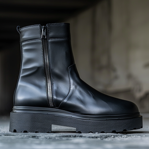 Black Leather Elio With Thick Sole Zipper Boots