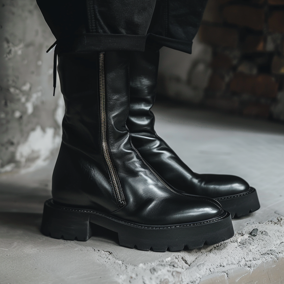 Black Leather Elpidio With Thick Sole Zipper Boots