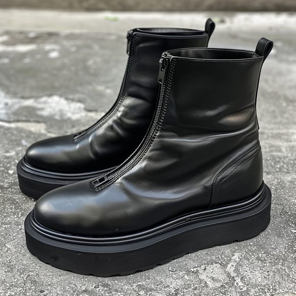 Black Leather Emidio With Thick Sole Zipper Boots