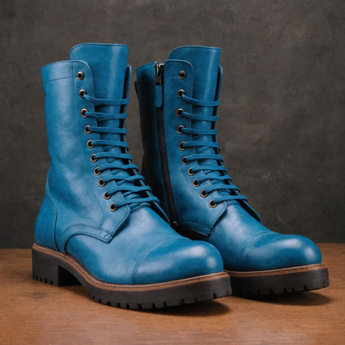 Blue Leather Oriella Lace Up Chunky Derby Boots with Zipper and Track Sole - AW24 - Hiking and Trekking Boots