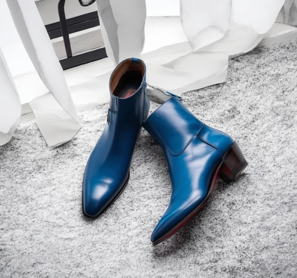 Blue Leather Lazzer Slip On Zipper Pointed Boots