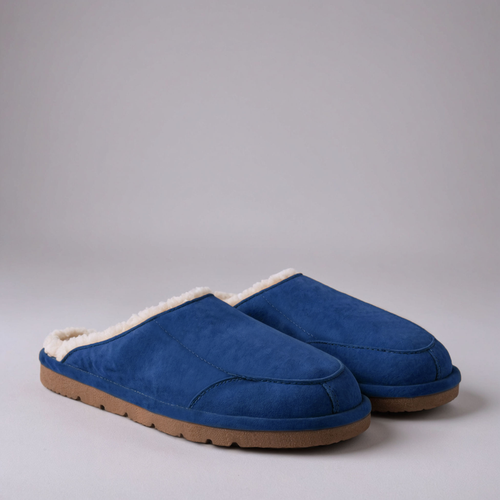 Blue Suede Leather Eliana Fur Lined Slippers