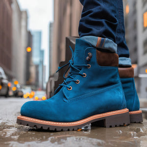 Blue Suede Leather Appoggio Ankle Rugged Lace Up Combat Hiking Boots with Chunky Track Sole