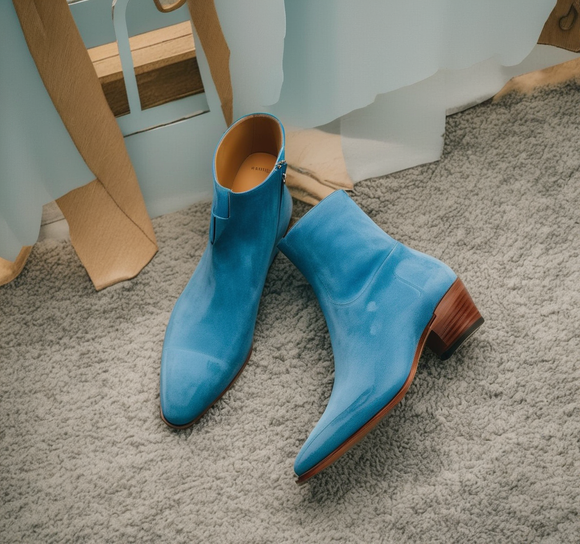 Blue Suede Leather Lazzer Slip On Zipper Pointed Boots