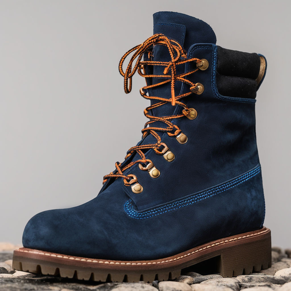 Blue Suede Leather Abbraccio Mid Calf Rugged Lace Up Combat Hiking Boots with Chunky Track Sole