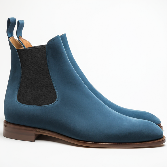 Flat Feet Shoes - Blue Suede Leather Fenland Slip On Chelsea Boots with Arch Support