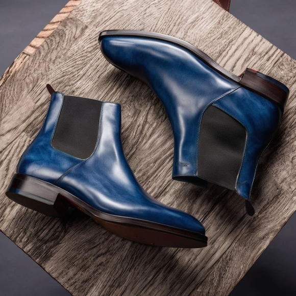 Blue Leather Seville Slip On Chelsea Boots