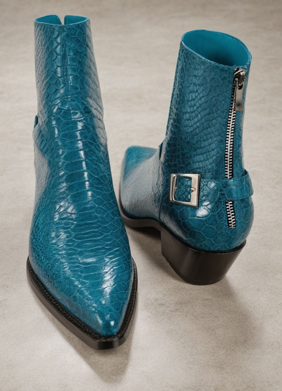 Blue Leather Fiorina Slip On Zipper Pointed Boots for Men - AW24