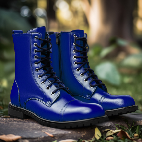 Blue Leather Belinda Chunky Hiking Combat Lace Up Zipper Boots