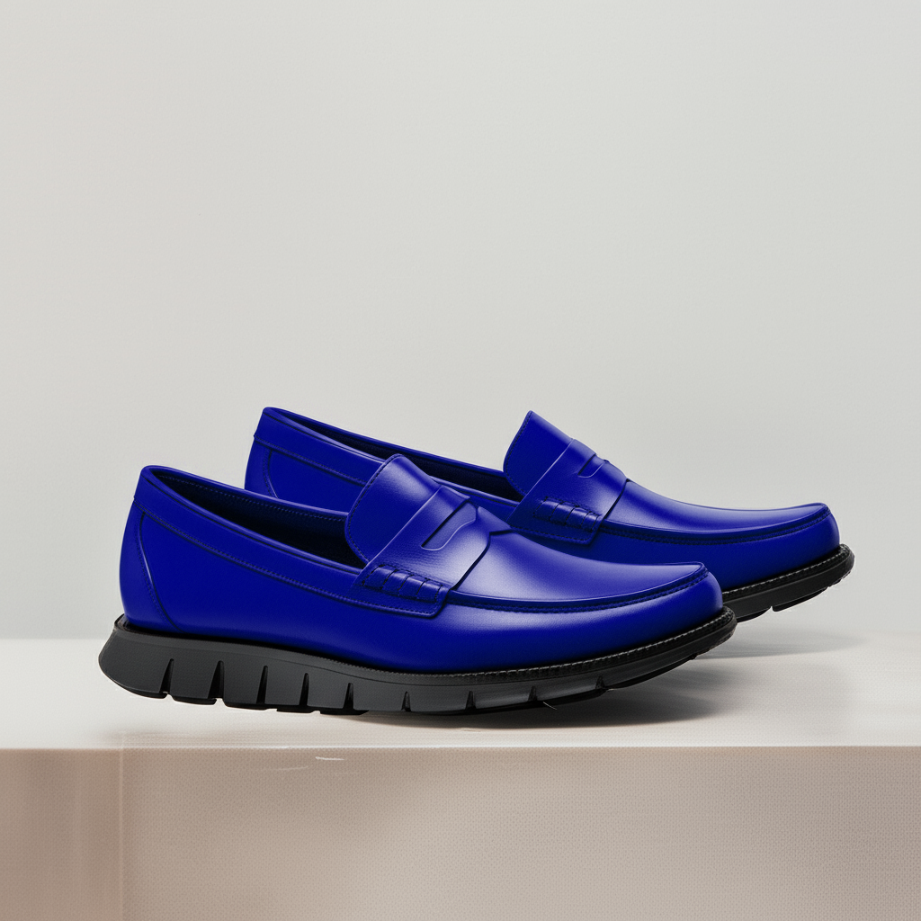 Blue Leather Evarado Penny Loafers with Black Hybrid Sole - SS23